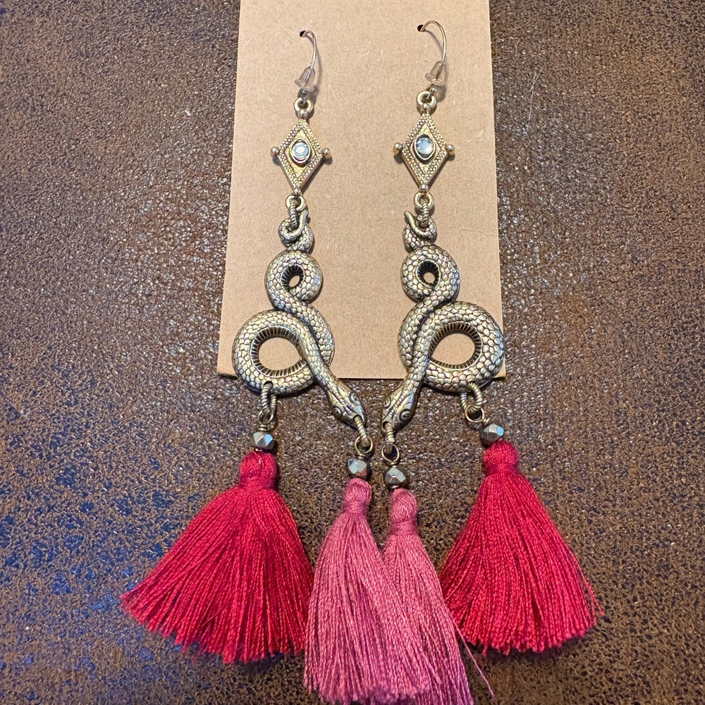 Elegant Gold and Red Tassel Snake Earrings